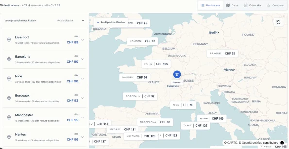 Plateforme Quickend : résultats de recherche et carte des destinations au départ de Genève